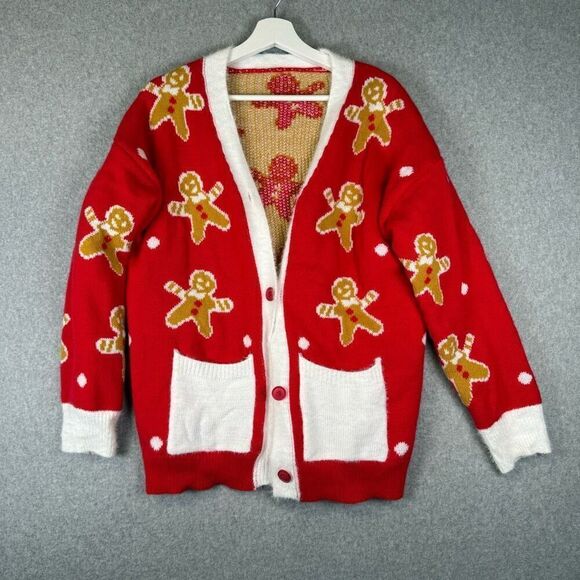 Shein Womens Medium Button Front Gingerbread Man Cardigan Sweater Red Tan - Picture 1 of 5
